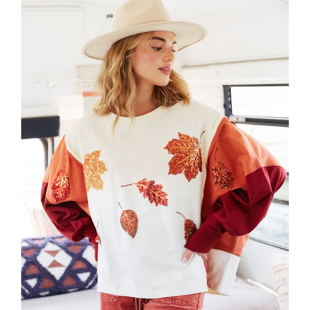 Women's Cream and Rust Leaf Sequin Pullover Sweatshirt